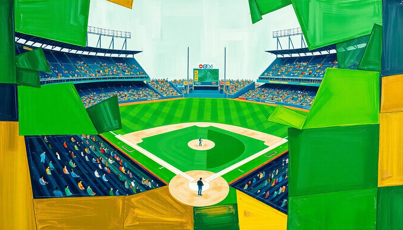 A vibrant, fragmented painting depicting a baseball game in the cubist style, with overlapping geometric shapes and planes of color representing the action on the field.