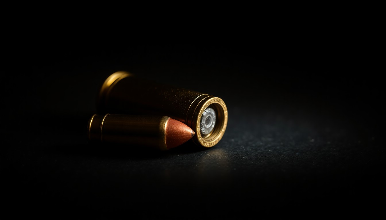 An extreme close-up photograph of a single spent bullet casing on a dark surface, lit by a harsh, direct camera flash, conceptually representing the violent aftermath of a drug deal gone wrong.
