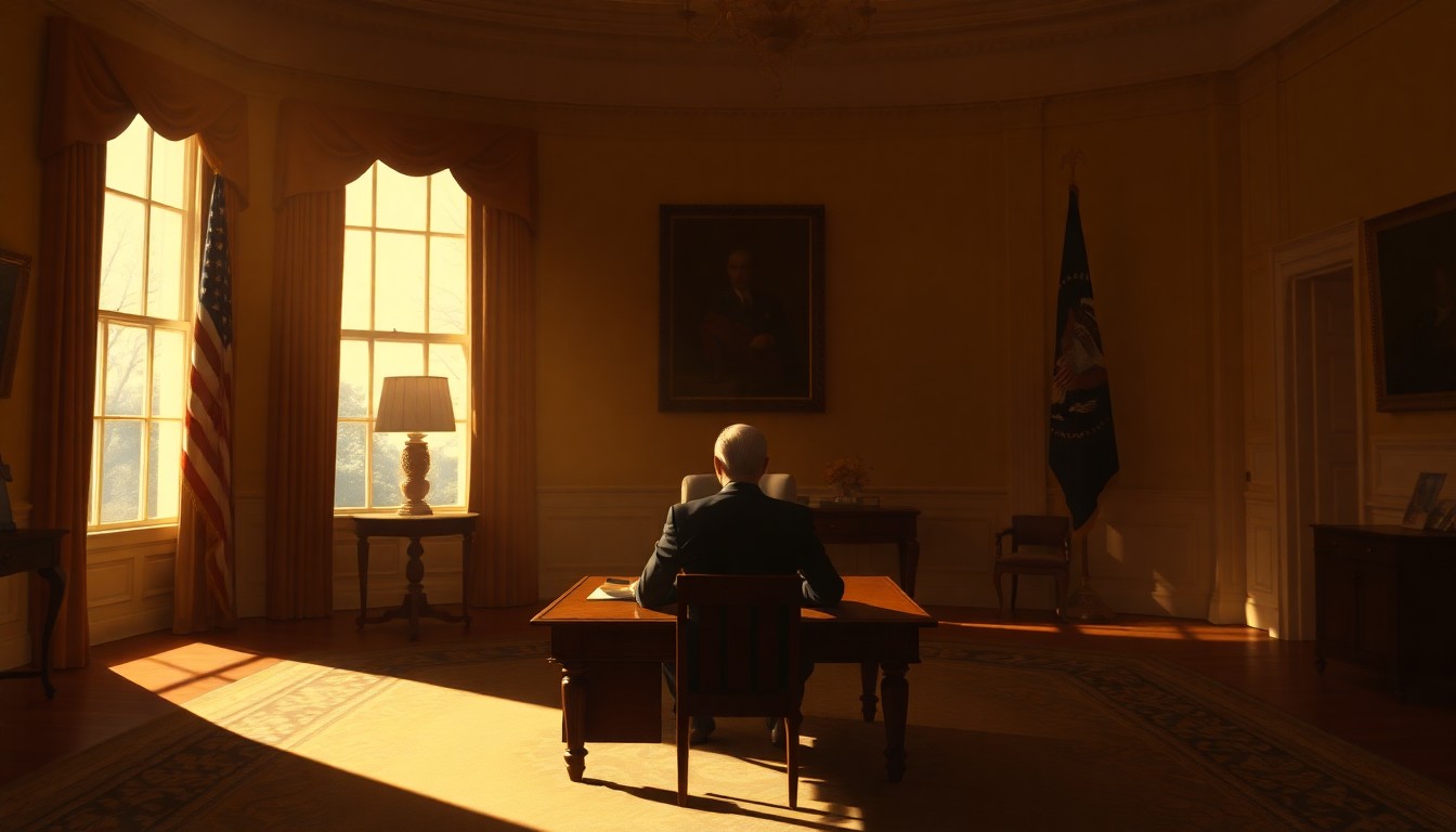 A dimly lit, cinematic painting of a lone figure sitting at a desk in the Oval Office, with warm sunlight streaming in through the windows and deep shadows casting across the room, creating a contemplative and introspective mood.