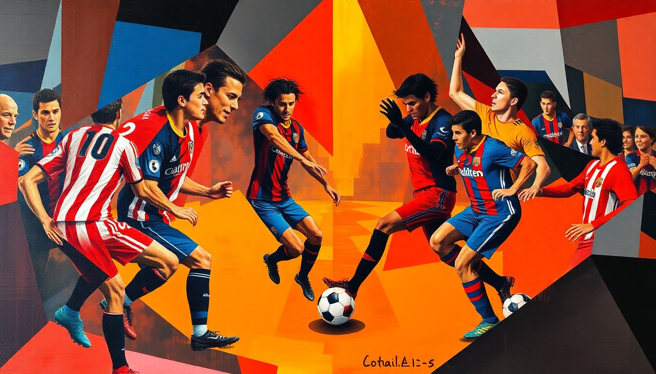 A cubist-style painting depicting an abstract soccer match between Atletico Madrid and Barcelona, with the players' figures broken down into sharp, overlapping geometric shapes in a palette of deep reds, oranges, and blues.