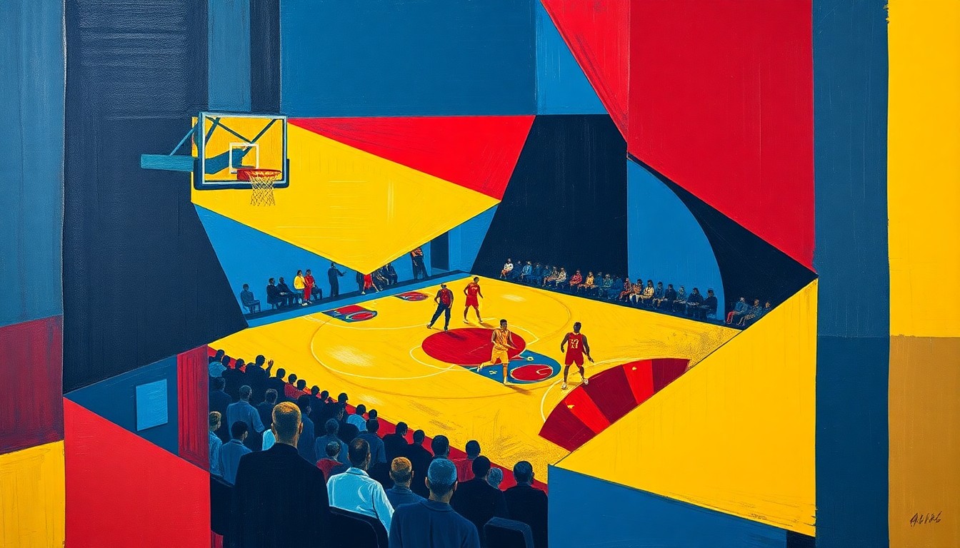 A cubist, geometric painting depicting a basketball game, with players and the court broken down into sharp, overlapping planes of color, capturing the dynamic energy of the sport.