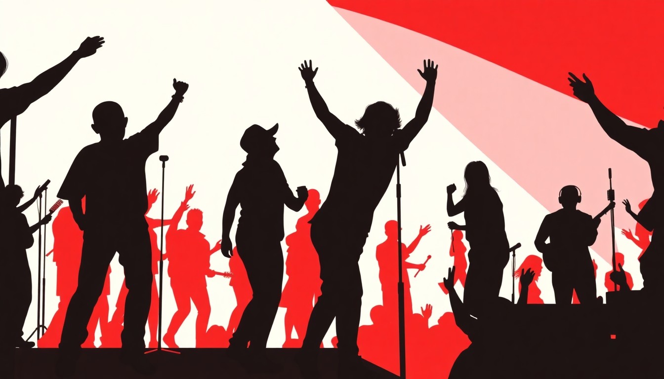 A dynamic, abstract illustration featuring bold black shapes and bright splashes of red and white, conceptually representing the energy and excitement of a summer concert series block party.