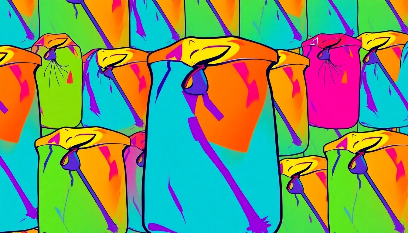 A brightly colored, high-contrast silkscreen print of a reusable trash bag or litter picker tool repeated in a tight grid pattern, capturing the pop art spirit of the community cleanup event.