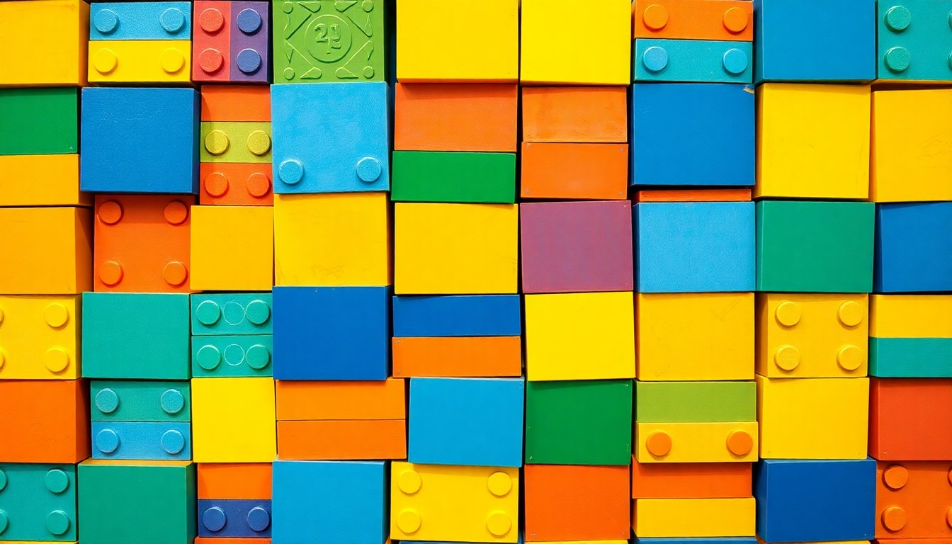 A bold, graphic illustration of stacked children's building blocks in shades of blue, green, and yellow, repeated in a tight grid pattern to create a conceptual representation of the high demand for transitional kindergarten programs.