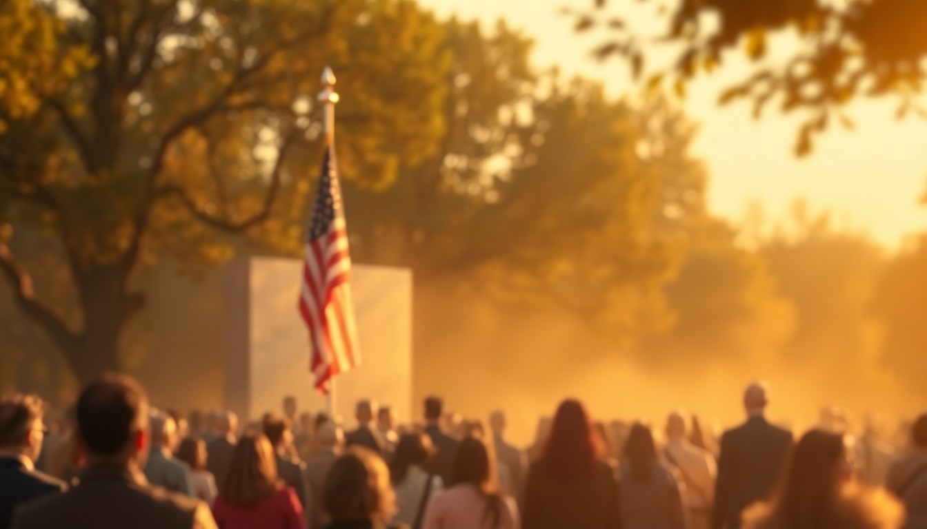 An out-of-focus, impressionistic scene of people gathered around a war memorial, with the American flag waving in the background, conveying a sense of solemn remembrance and community connection.