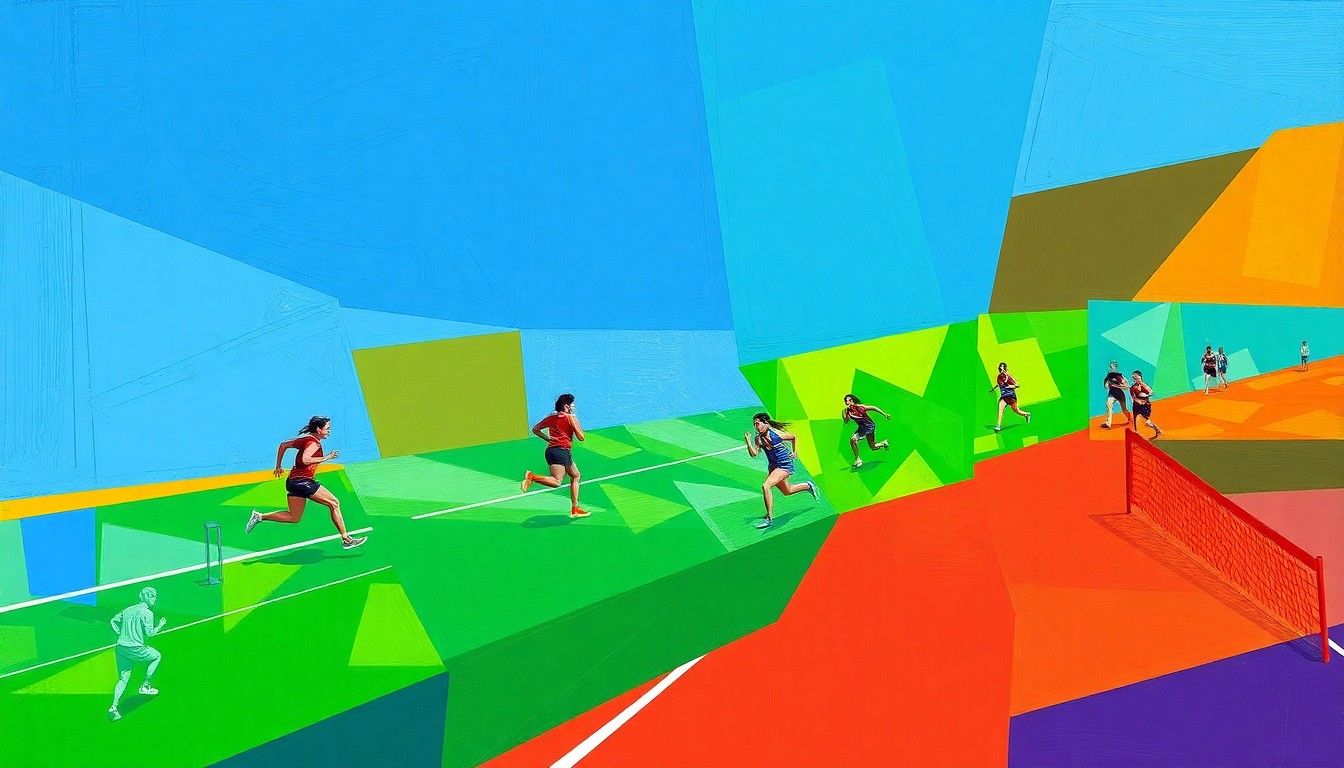 A cubist-style painting featuring overlapping geometric shapes and planes in bright colors, representing the dynamic action of a girls track and field competition.