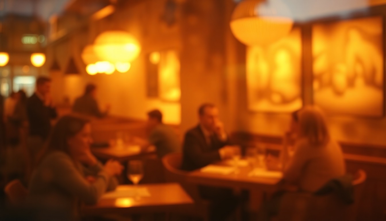 An extremely blurred, warm-toned photograph of people dining at a restaurant table, creating a soft, intimate atmosphere that captures the essence of a downtown dining experience.