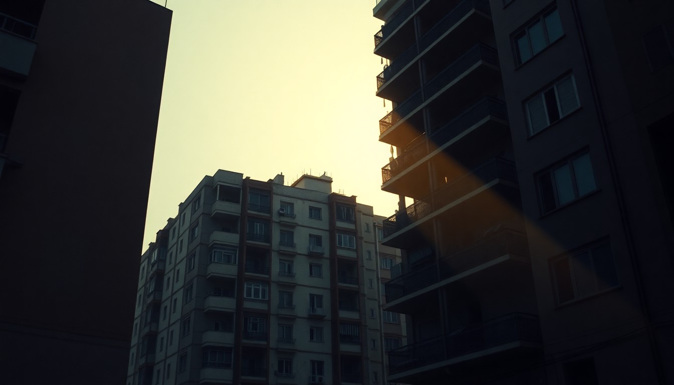 A photorealistic painting of a damaged apartment building in Beirut, Lebanon, with warm sunlight streaming through the windows and deep shadows across the facade, conveying a sense of melancholy and the human toll of the conflict.