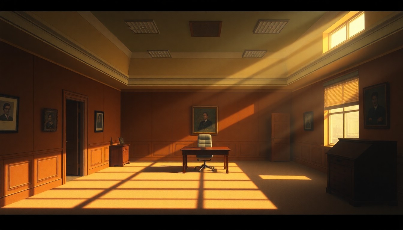 A dimly lit, cinematic painting of an empty government office space with a lone desk and chair in the center, bathed in warm, diagonal sunlight and deep shadows, conveying a sense of political tension and uncertainty.