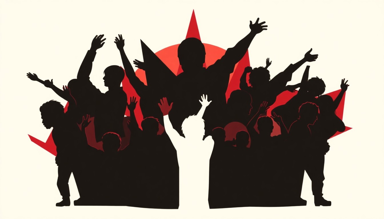 A striking abstract illustration using bold, geometric black shapes and splashes of red and white to convey the vibrant energy of a music festival.