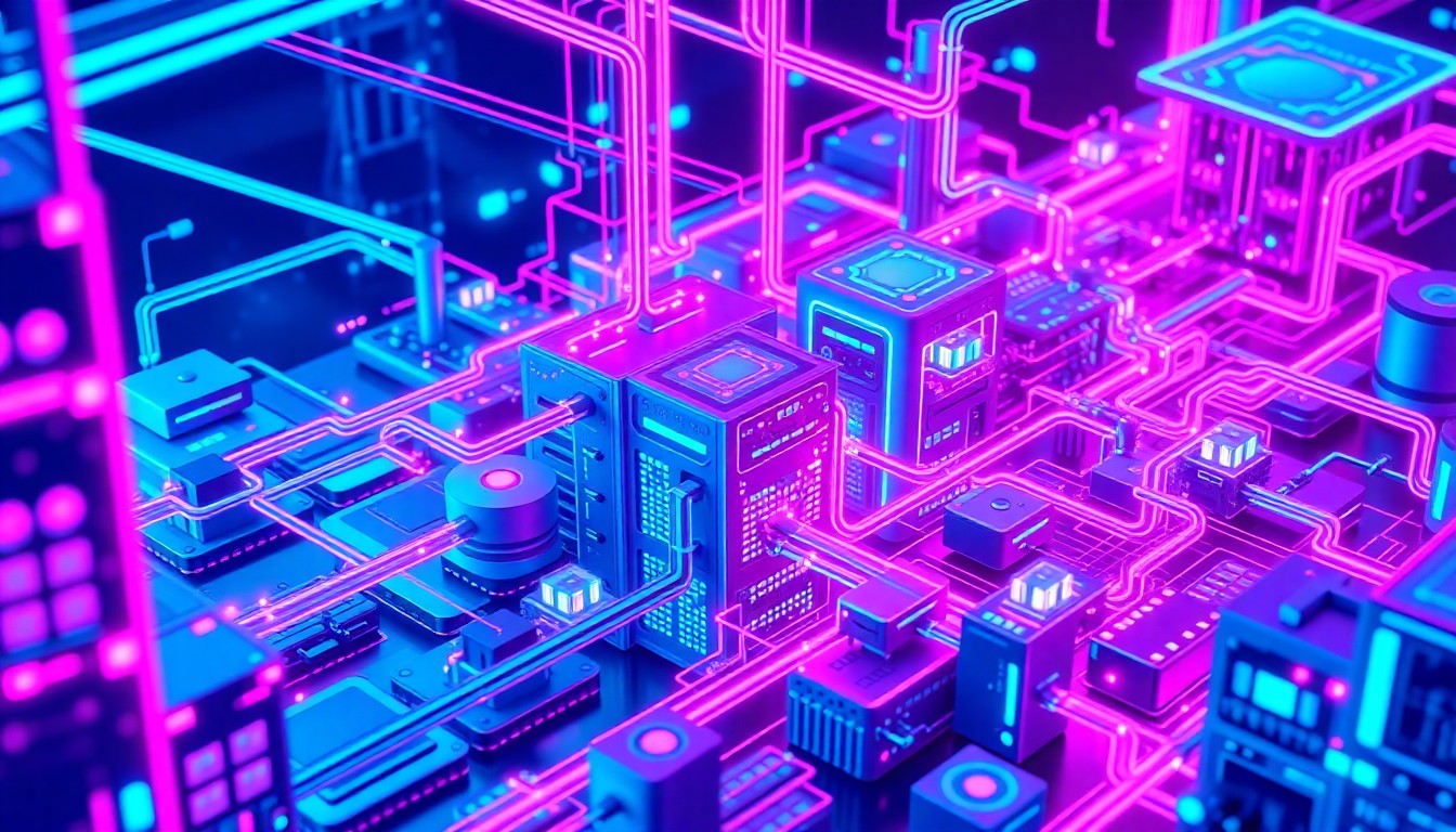 A highly detailed, 3D illustration of a complex network of glowing, futuristic AI servers, data centers, and cybernetic infrastructure components in shades of neon blue, purple, and magenta, conveying the scale and advanced technology behind modern enterprise AI systems.
