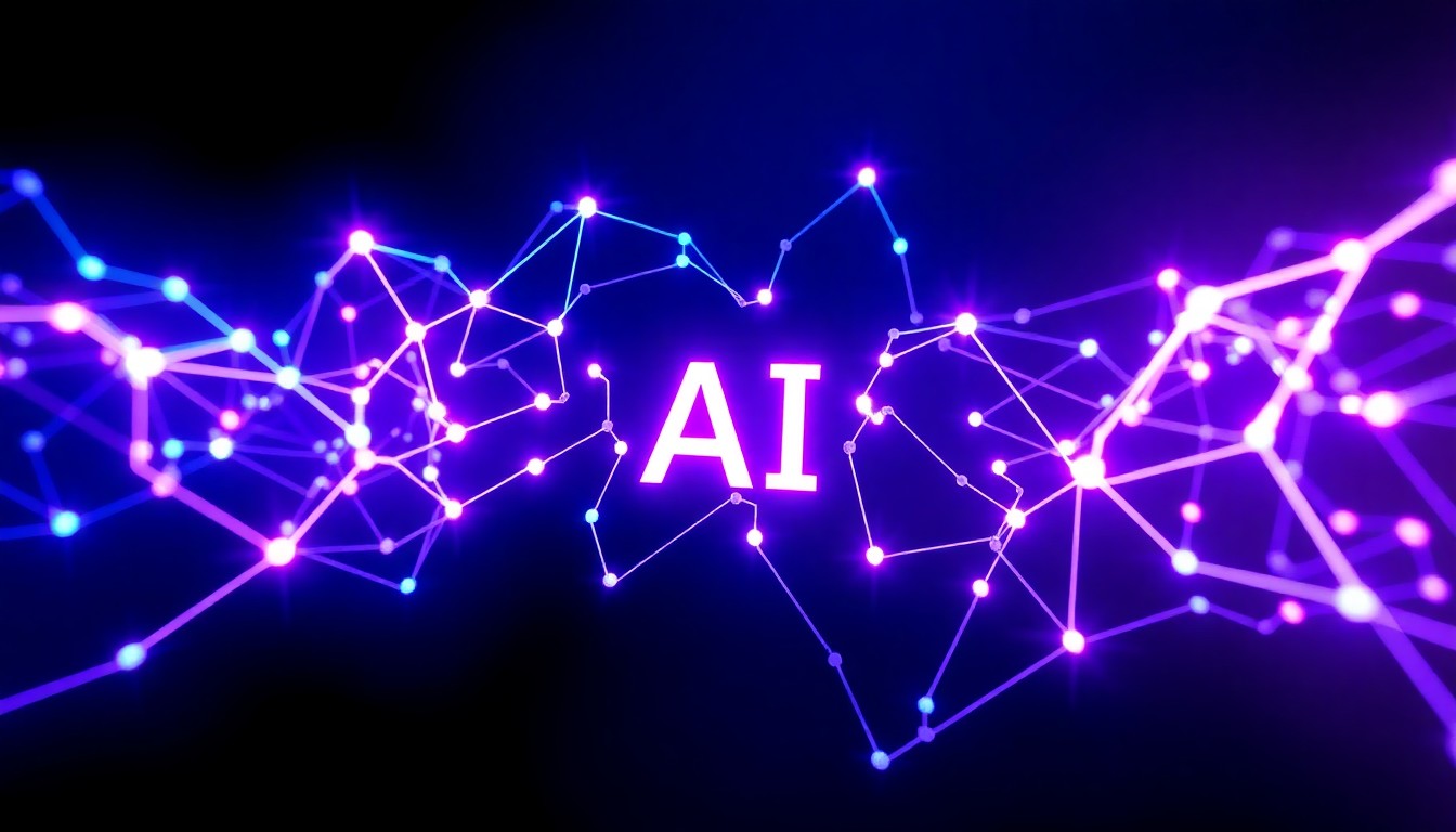 A highly detailed, 3D illustration of a complex AI neural network diagram, with pulsing neon blue and purple lights flowing through the interconnected nodes and pathways, conceptually representing the transformative power of AI-driven training tools.