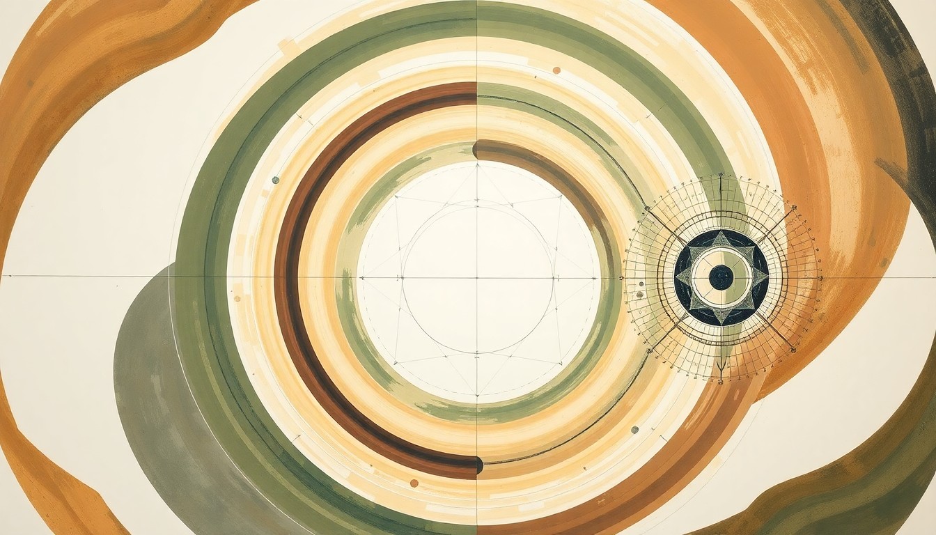 A bold, abstract painting in earthy tones of green, brown, and blue, featuring sweeping geometric arcs, concentric circles, and precise botanical spirals, conceptually representing the complex scientific forces and processes involved in AI-powered drug discovery.