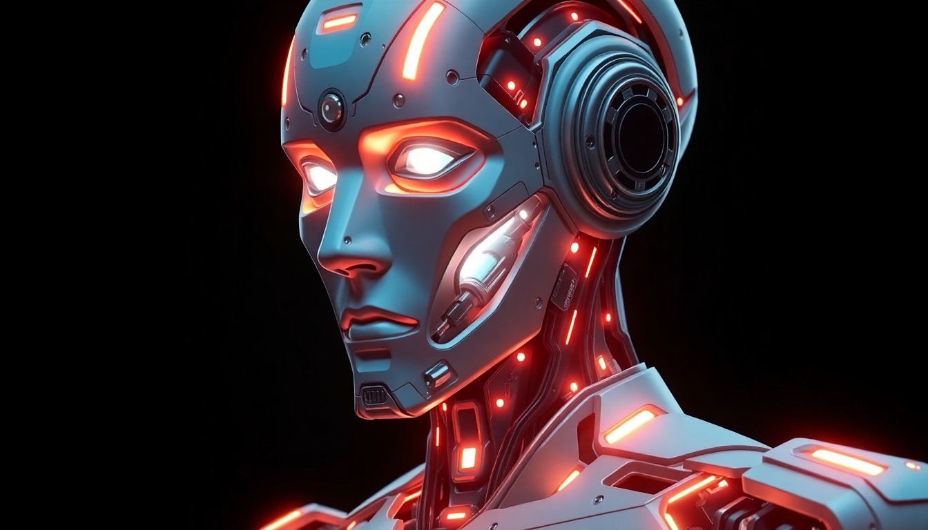 A highly detailed, glowing 3D illustration of a humanoid robot's head and upper torso, with intricate cybernetic components and neon-lit panels, conceptually representing the advanced AI capabilities of Realbotix's new Vinci system.