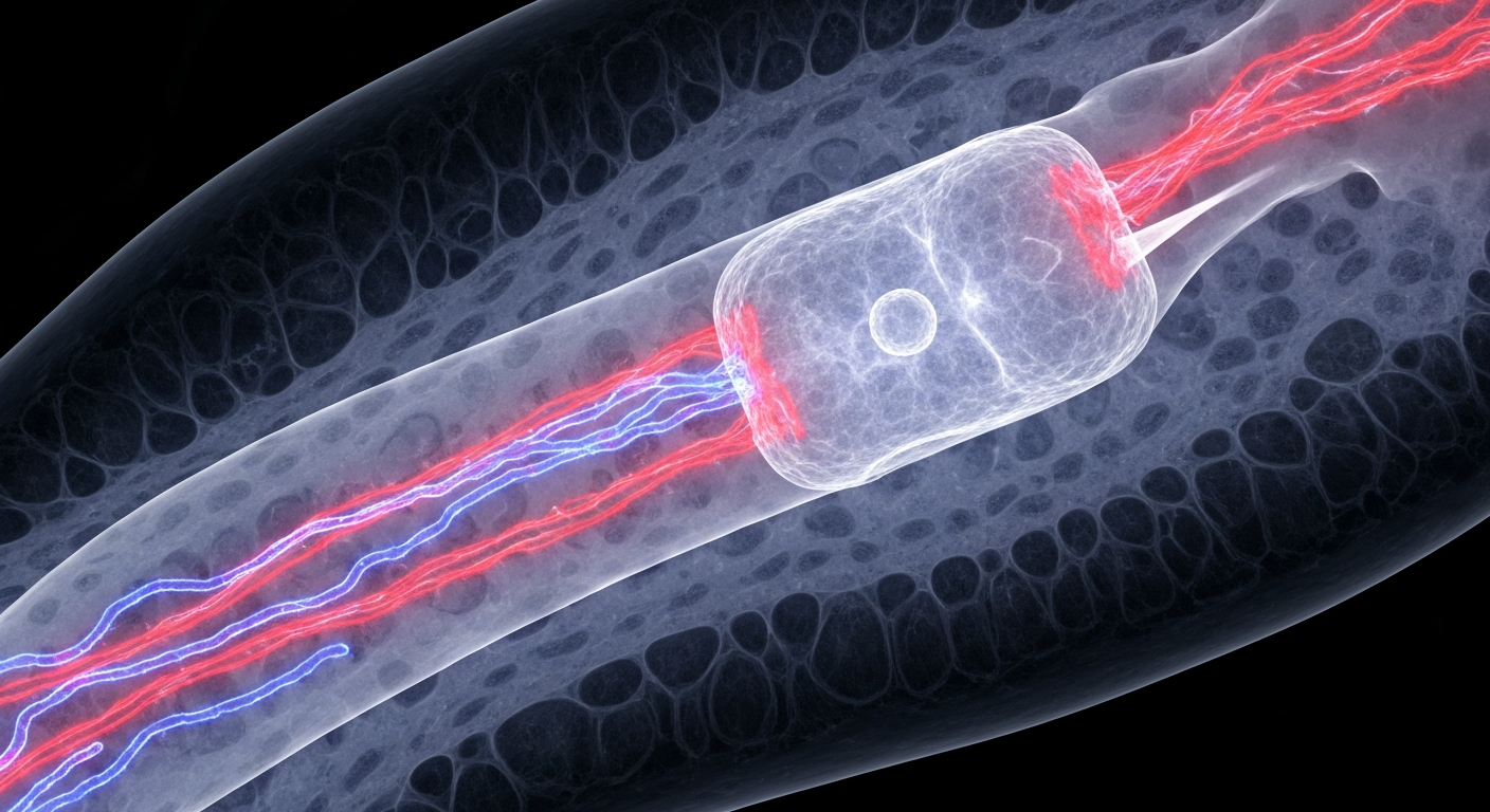 A highly detailed, translucent X-ray-style image revealing the intricate cellular structure of colorectal tissue, with glowing red and blue lines representing the CD36 receptor, conceptually illustrating the sex-specific findings of a new cancer treatment.
