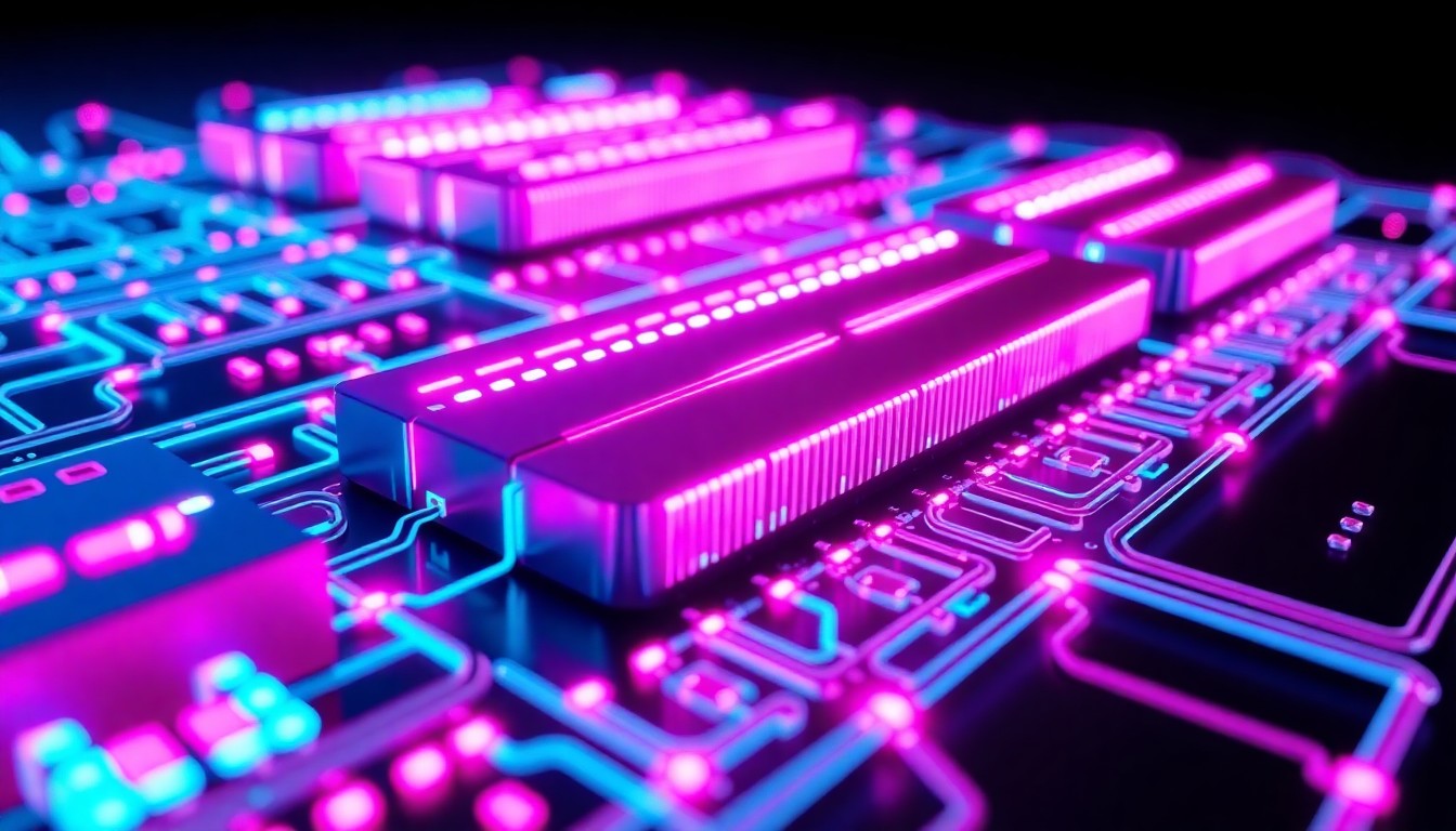 A highly detailed, glowing 3D illustration of futuristic memory modules and interconnects in neon cyan and magenta, conceptually representing the advanced memory technologies being developed for AI, cloud, and mobile computing.