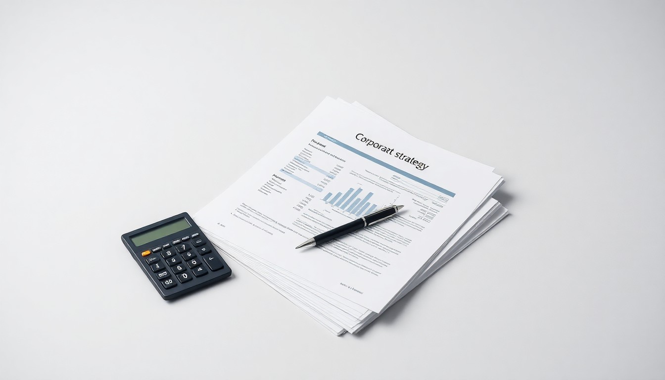 A photorealistic studio still-life image featuring a stack of financial reports, a calculator, and a pen arranged on a clean, monochromatic background, conceptually representing the abstract concepts of corporate strategy and market performance.