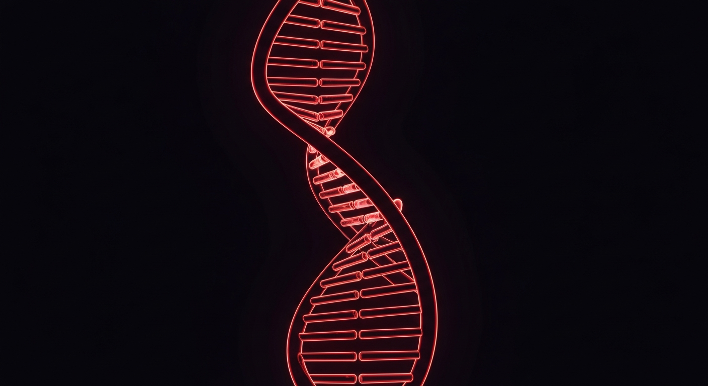 A vibrant, neon-outlined DNA double helix structure glowing against a dark background, symbolizing the innovative gene editing technology developed by Precision BioSciences.