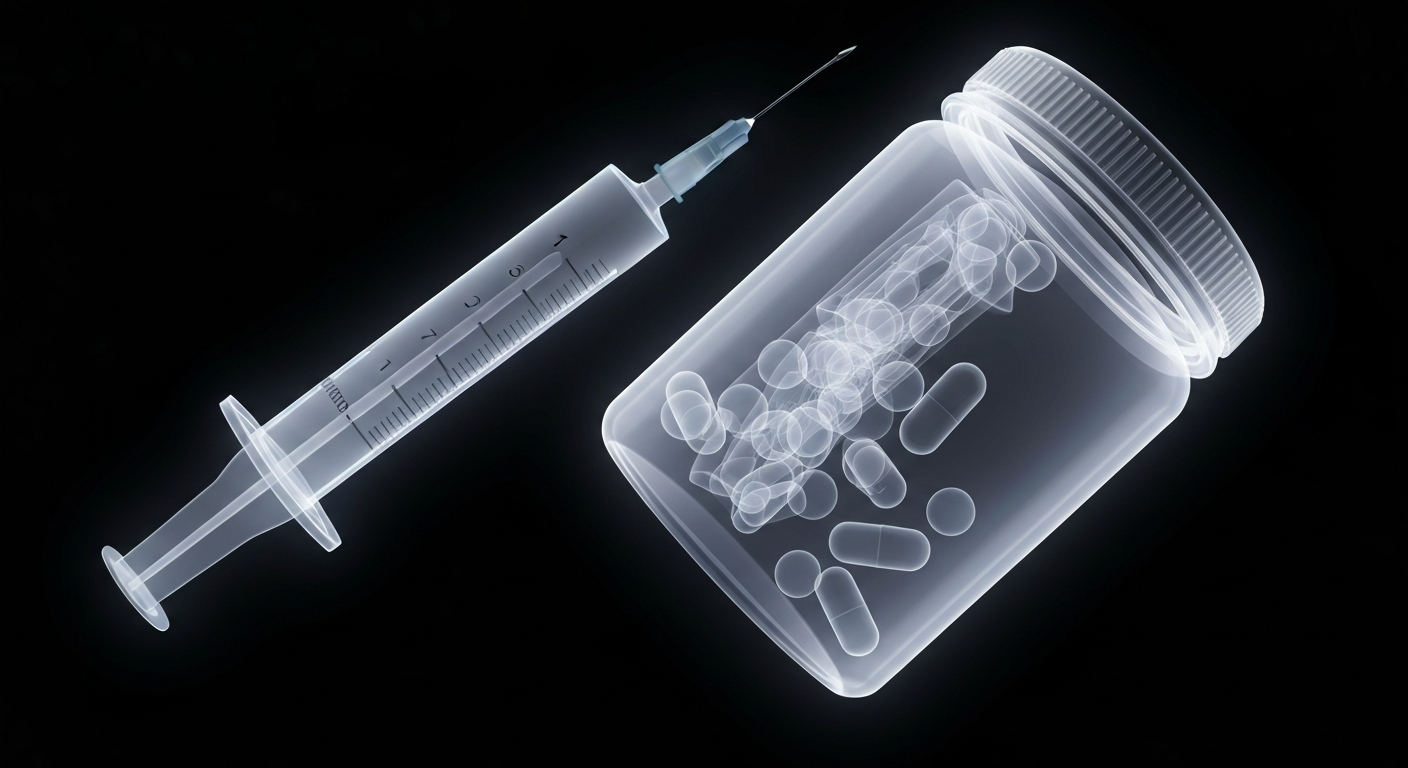 A translucent X-ray photograph revealing the internal components of a medical syringe and pill bottle, conceptually representing the complexities of medication administration in healthcare.