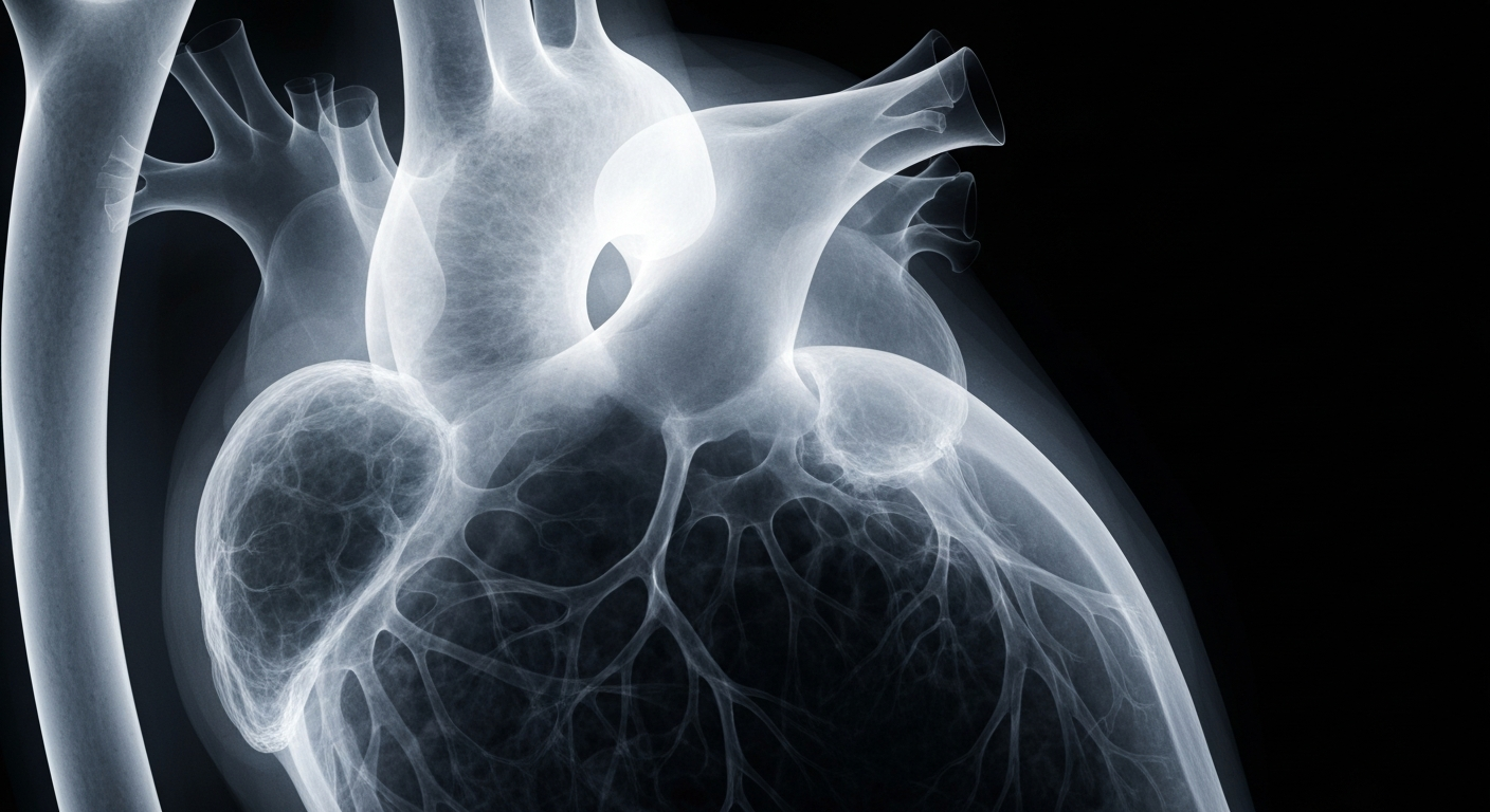 An extreme close-up X-ray image revealing the delicate internal structure of a human heart, with ghostly glowing lines and shapes against a dark background, conceptually representing the advanced technology of Adagio Medical's new cardiac ablation system.