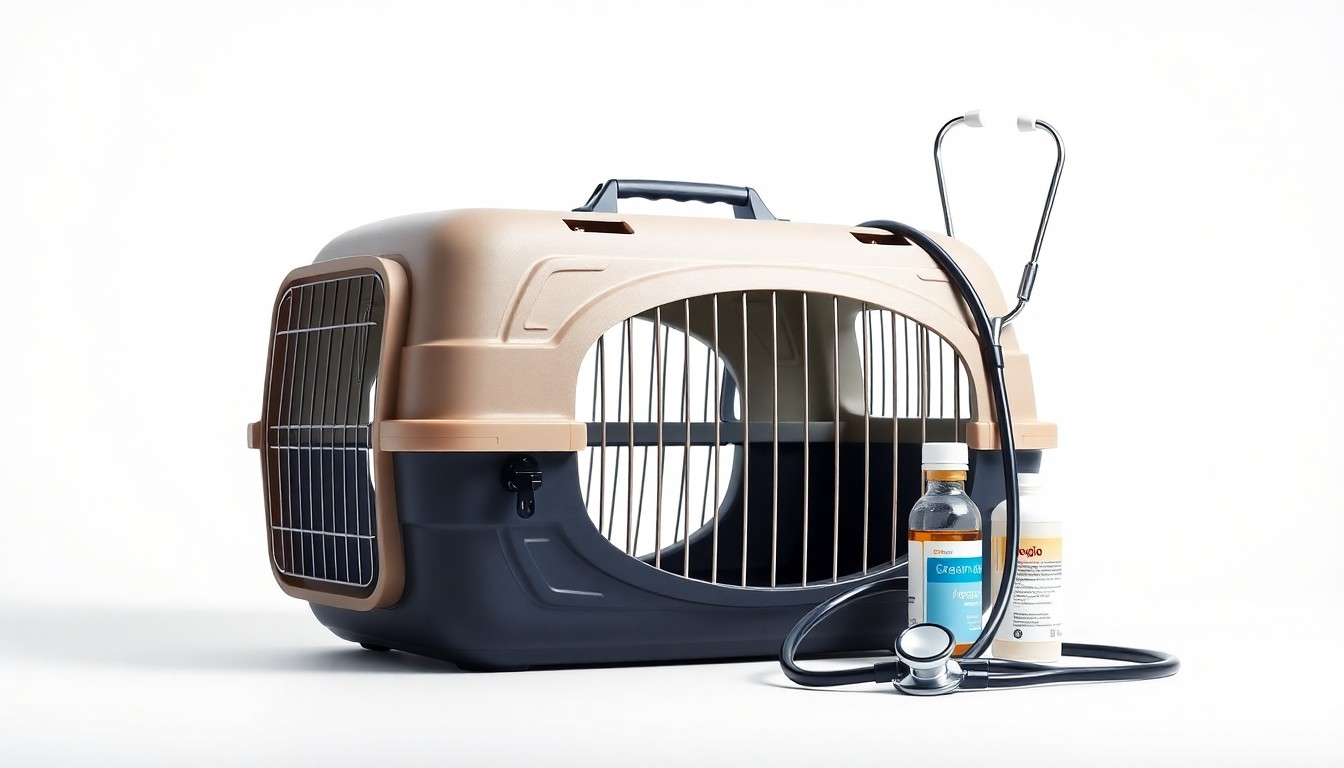 A high-end, photorealistic studio still-life photograph featuring a sleek, modern pet carrier, a stethoscope, and a bottle of pet medication, all arranged elegantly on a clean, white seamless background, conceptually representing the intersection of e-commerce and veterinary care in the pet healthcare industry.