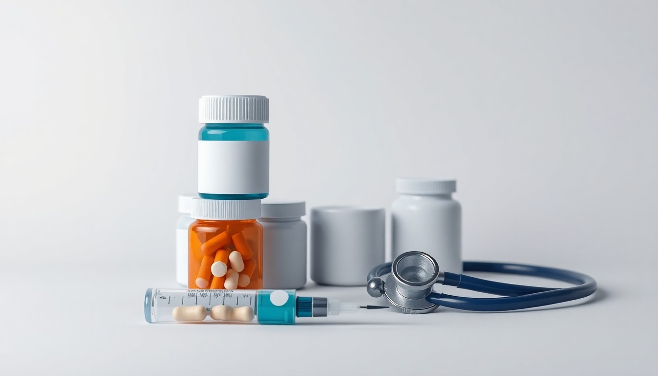 A high-end, photorealistic studio still-life photograph featuring a stack of pharmaceutical pill bottles, a syringe, and a stethoscope arranged elegantly on a clean, monochromatic seamless background, conceptually representing AESARA's work in the pharmaceutical industry.