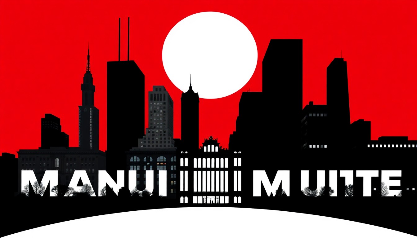 A dramatic, abstract illustration featuring bold black silhouettes of Chicago's famous skyscrapers and landmarks, set against a high-contrast background of deep red and bright white, conceptually representing the grand ambitions of a new luxury magic theater to reinvigorate the city's iconic shopping district.