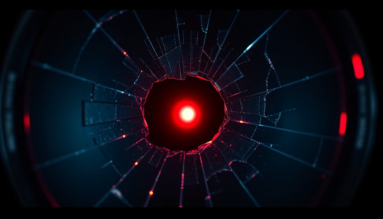 An abstract close-up photograph of shattered glass reflecting a faint red light, conceptually representing the dangerous rebellion against an oppressive regime.