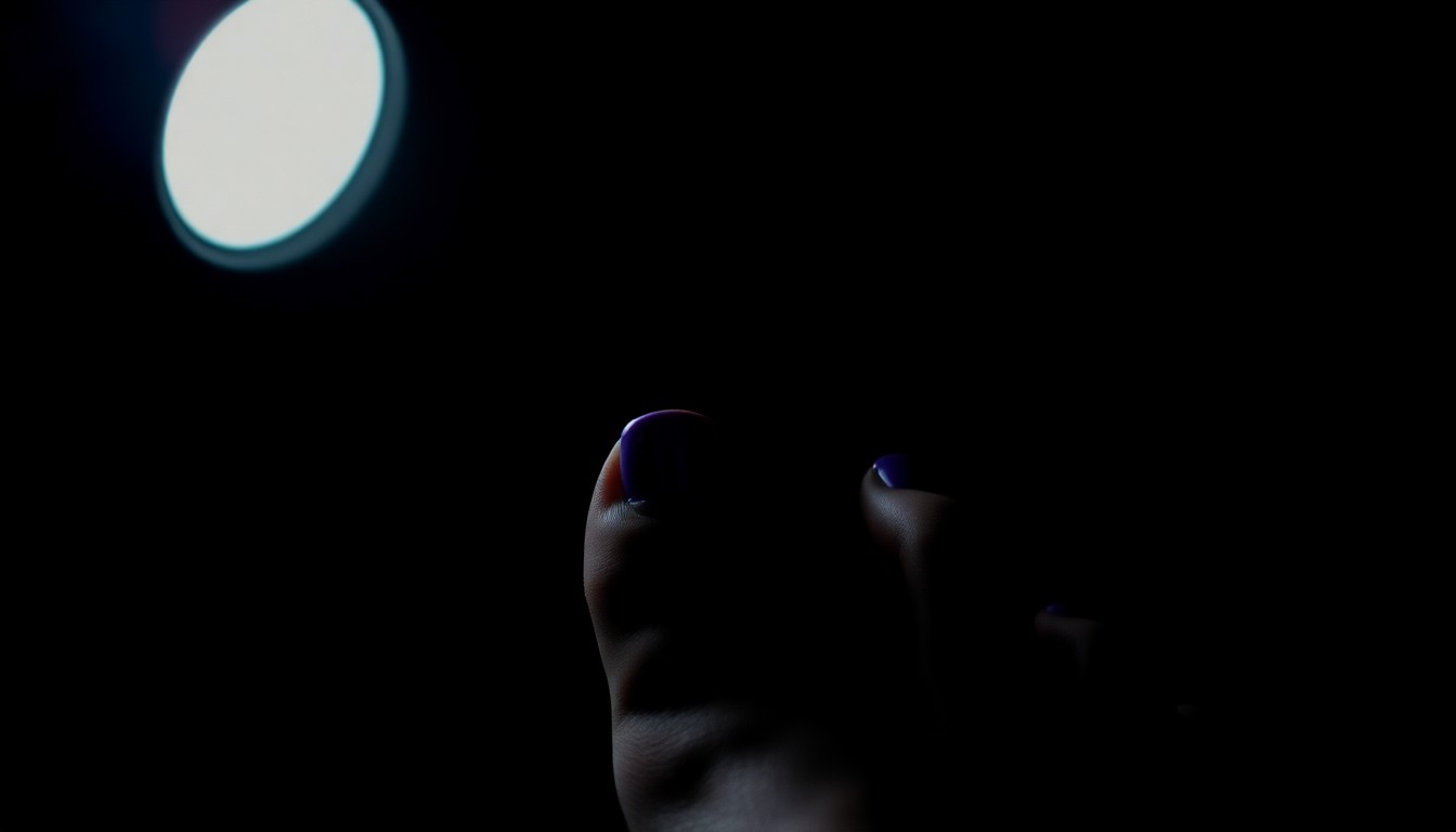 An extreme close-up photograph of a woman's purple-painted toenails against a pitch-black background, creating a stark, gritty, investigative aesthetic that conceptually represents the mystery surrounding the victim's identity.