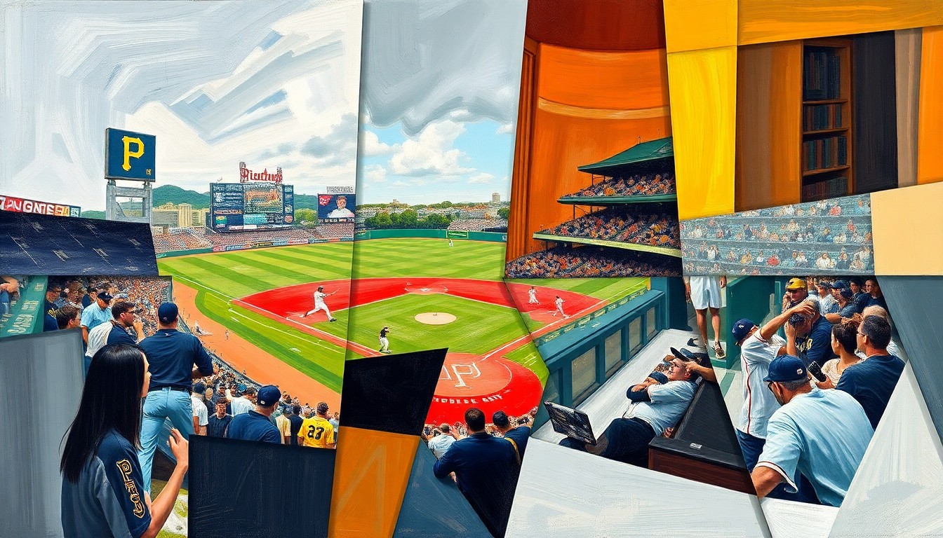 A fractured, geometric painting depicting the dynamic energy of a baseball game, with players and the field broken down into sharp, overlapping planes of color and form.