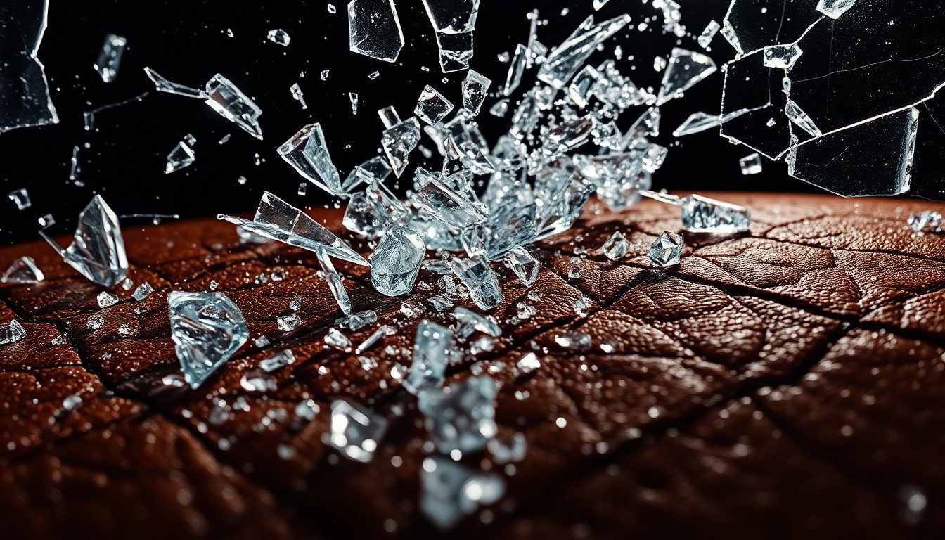 An abstract close-up image featuring shattered glass and cracked leather textures, conveying a sense of tension and conflict within the entertainment industry.