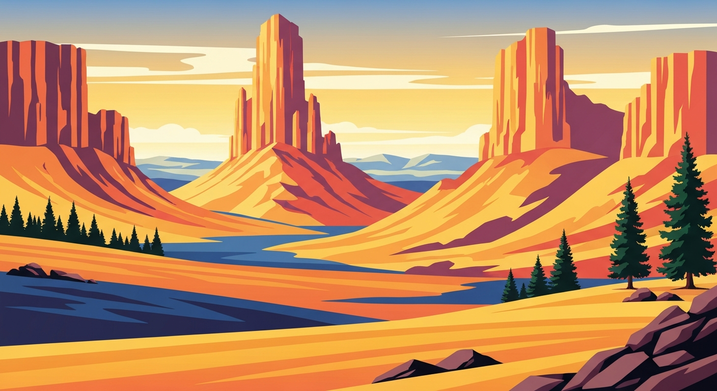 A bold, geometric illustration in the Art Deco style, featuring sweeping, airbrushed gradients and towering, forced perspectives of Yellowstone's iconic landscapes, capturing the romance and grand scale of travel in the park.