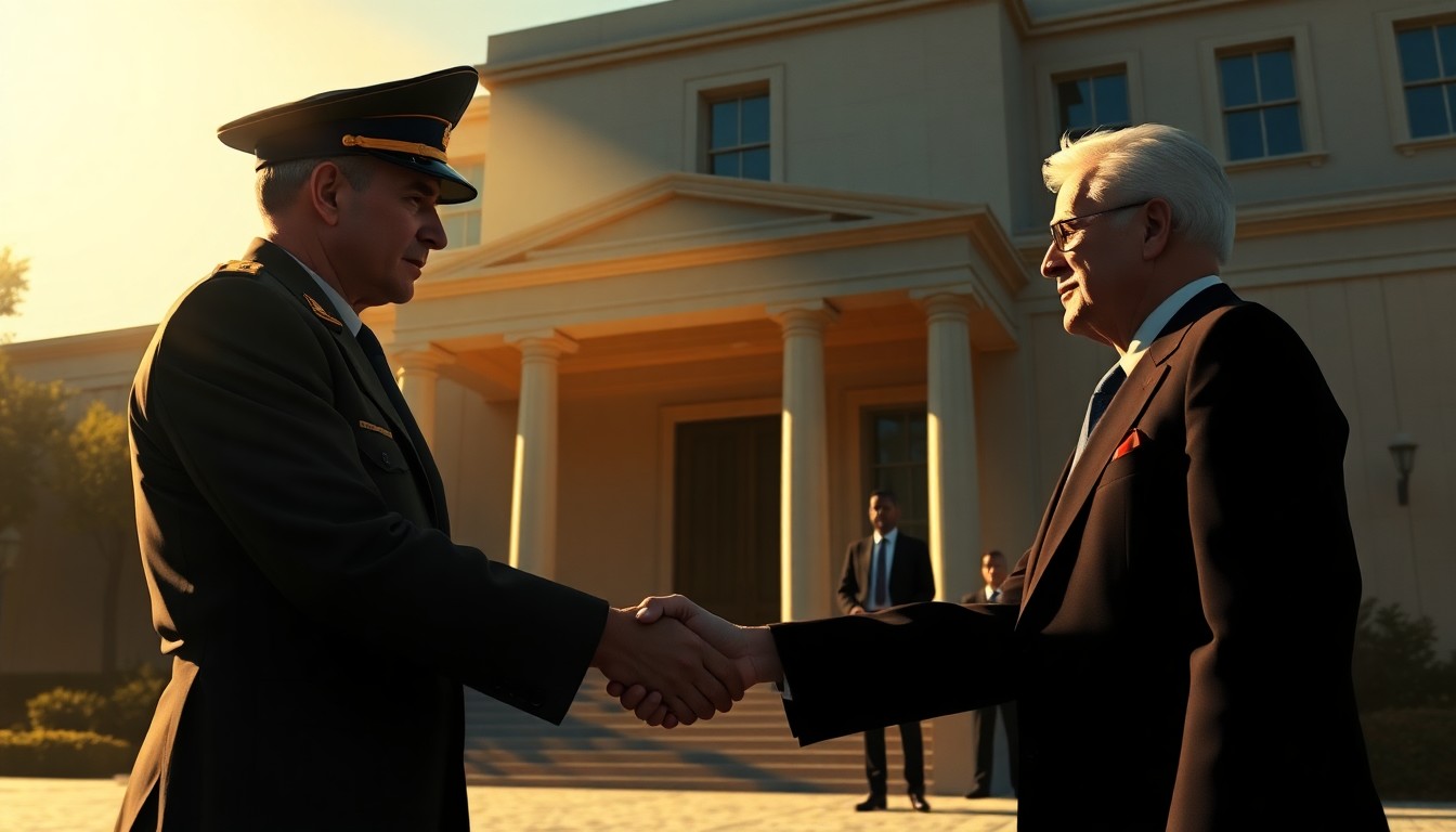 A painting in the style of Edward Hopper, depicting two men in suits shaking hands in front of a government building, with warm sunlight and deep shadows creating a cinematic, nostalgic atmosphere.