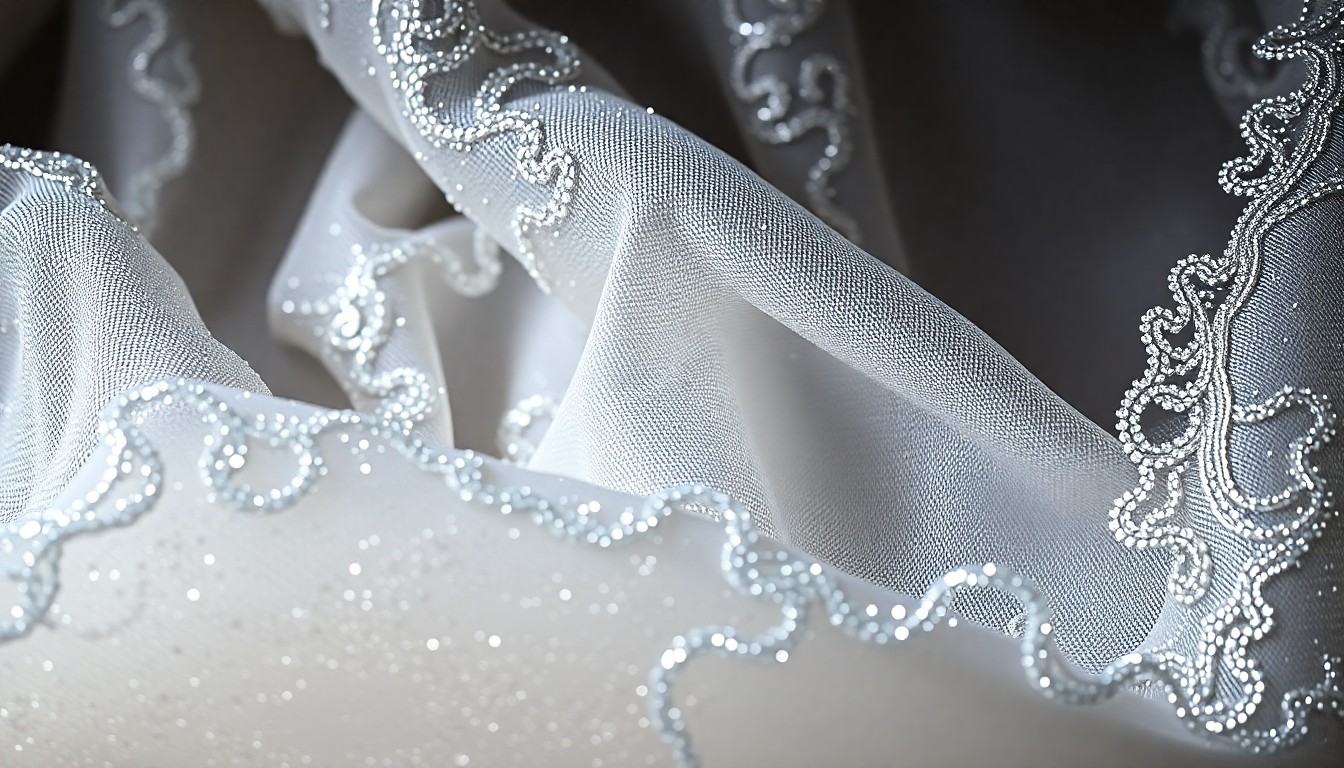 An extreme close-up photograph of shimmering, high-contrast wedding fabrics and textures, capturing the glamour and drama of the Beckham family wedding.