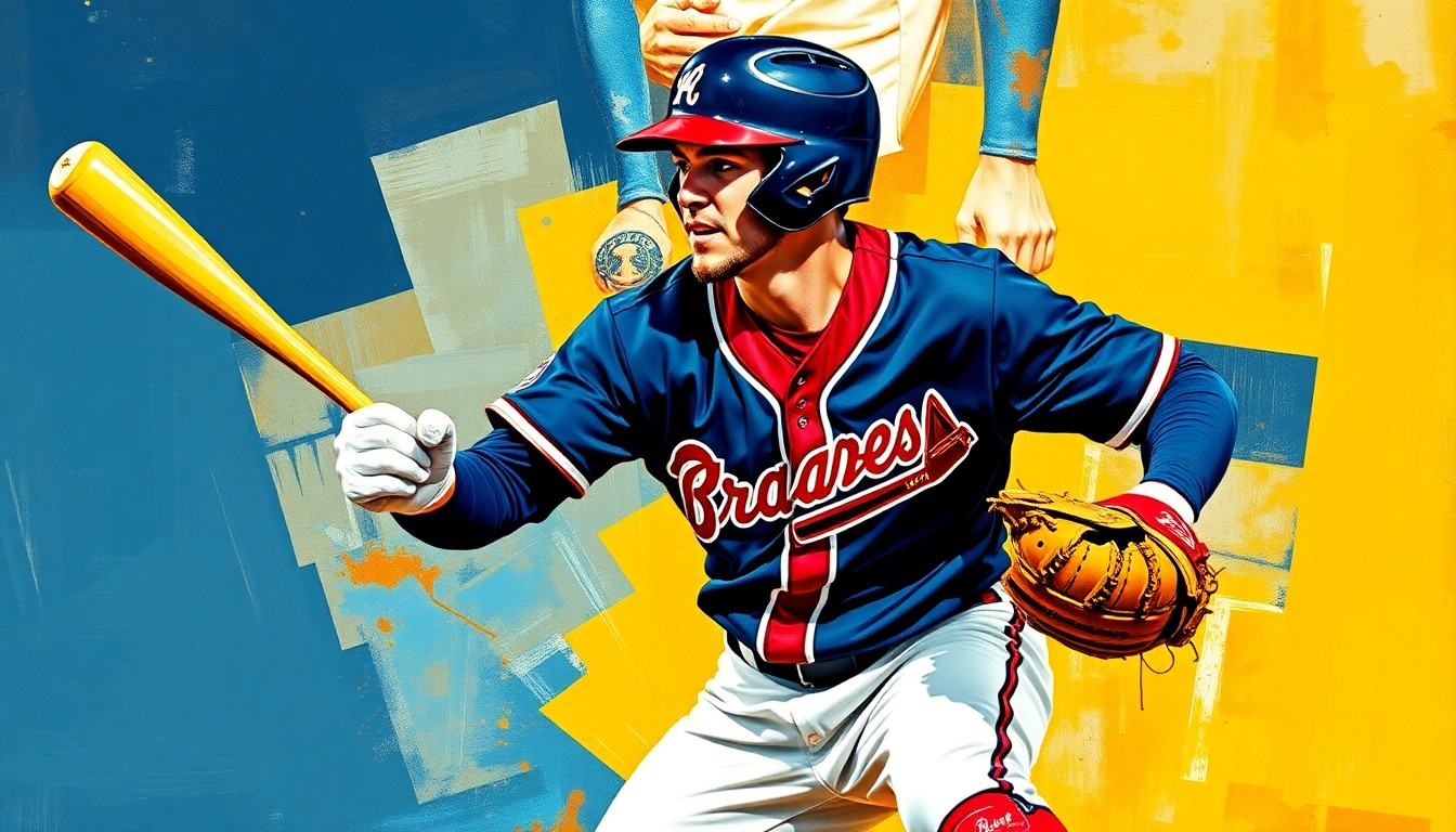 A fragmented, geometric painting in bold blues, reds, and golds depicting the angular movements of a baseball catcher in action, conveying the anticipation of a player's return from injury.