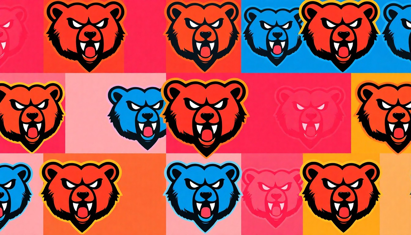 A high-contrast silkscreen print of a stylized Northeast State Bear mascot icon repeated in a tight grid pattern, rendered in a palette of neon pink, electric blue, and highlighter yellow, conceptually representing the energy and school pride of the college's 60th anniversary homecoming.