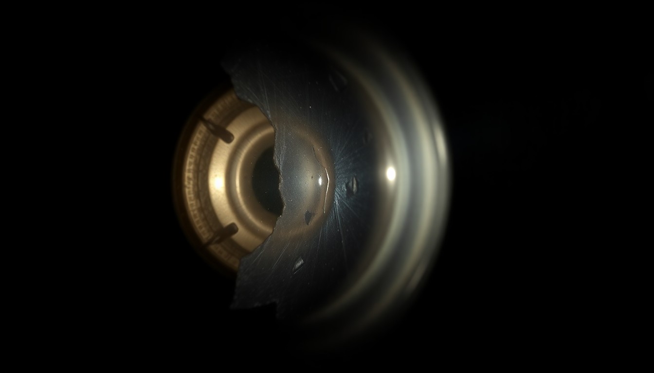 An extreme close-up of a damaged car sensor or camera lens, reflecting a faint red light, conceptually illustrating the aftermath of a police pursuit and shooting incident.