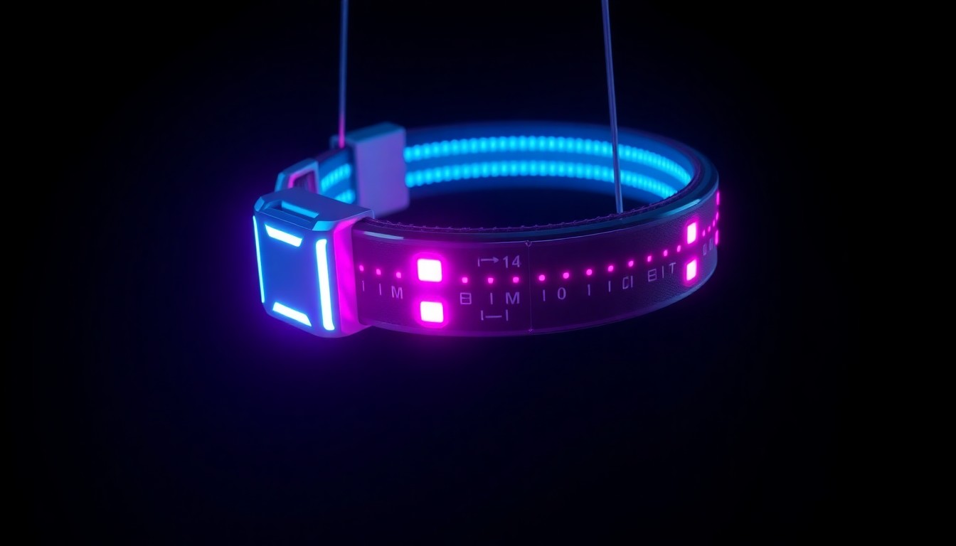 A highly detailed, glowing 3D illustration of a pet collar with integrated sensors and circuitry, emitting neon cyan and magenta lights, suspended against a dark, moody background to convey the advanced technology powering Tractive's new pet health tracking devices.