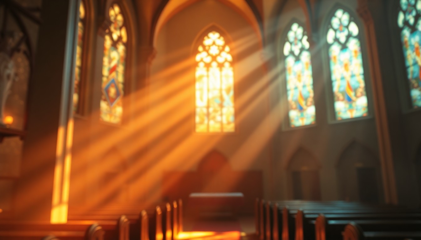 A softly focused, dreamlike image of a church interior bathed in warm, golden light filtering through stained glass windows, capturing the reverent and comforting atmosphere of a beloved community space.