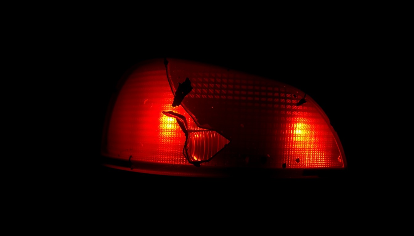 An extreme close-up of a damaged car sensor or tail light, lit by a harsh, direct flash against a pitch-black background, conveying the stark, gritty aftermath of a tragic drunk driving incident.