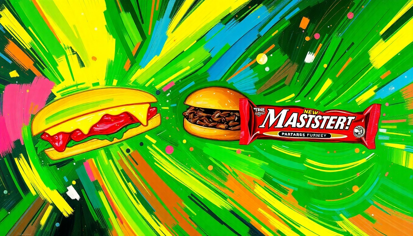 An abstract, expressionist painting in vibrant neon colors depicting the energy and excitement of the Masters Tournament's classic food menu items, including the pimento cheese sandwich, barbecue sandwich, and a new candy bar, all rendered in a swirling, energetic style.