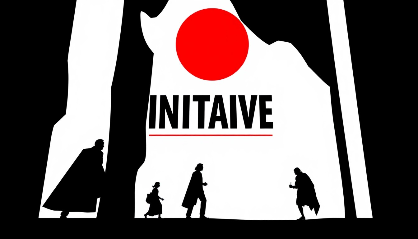 An abstract, minimalist illustration featuring bold, jagged geometric shapes in striking red and white, conceptually representing the fantasy and emotional depth of the new play 'Initiative'.