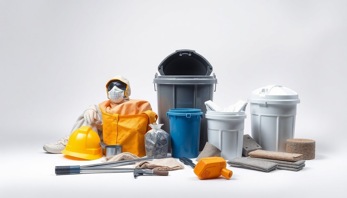 A high-end, photorealistic studio still-life photograph featuring a collection of polished, geometric objects like protective gear, disposal containers, and roofing samples, arranged elegantly on a clean, monochromatic background to convey the precision and care required for asbestos roof removal.