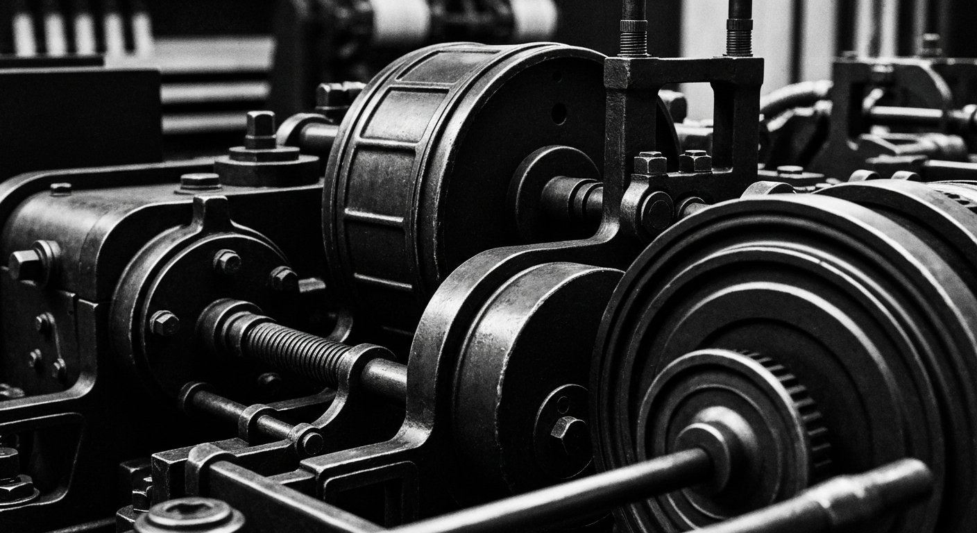 A high-contrast, black-and-white close-up image of heavy, industrial banking machinery, conveying a sense of the tangible mechanics and stability of the financial system.