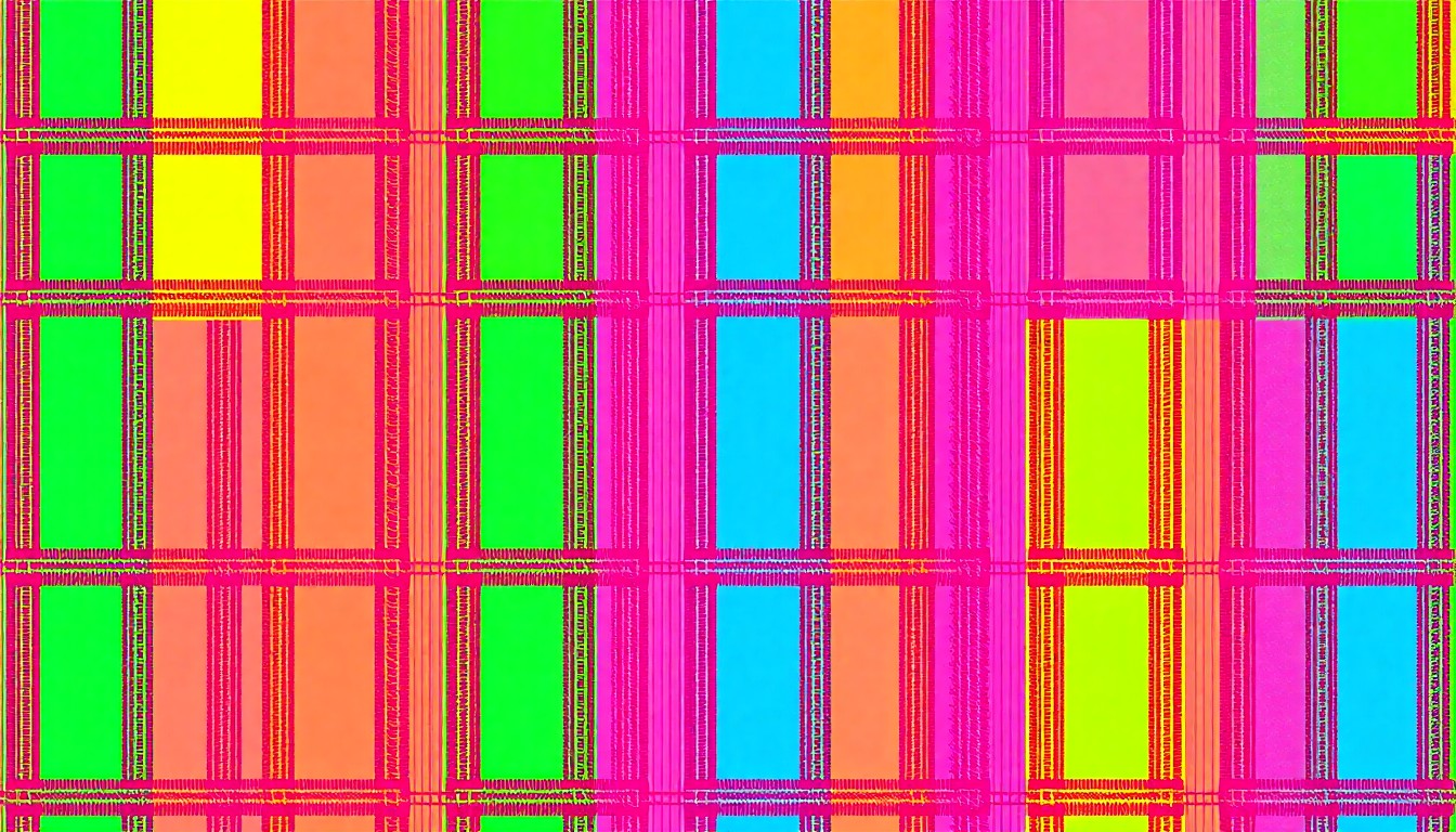 A brightly colored, high-contrast silkscreen print of a Jewish prayer shawl (tallit) repeated in a tight grid pattern, conceptually representing the diverse and resilient rural Jewish communities supported by the Center for Small Town Jewish Life.