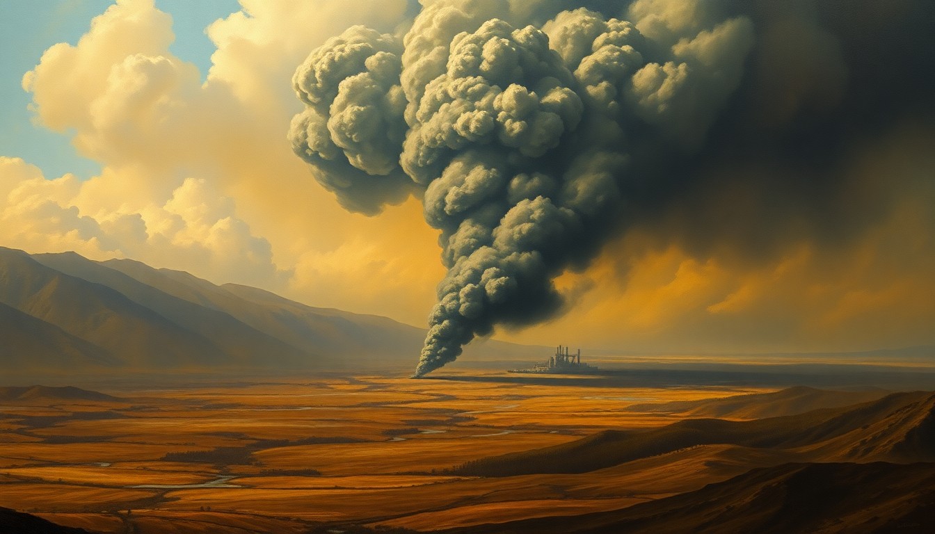 A sweeping, atmospheric landscape painting with a massive plume of dark smoke rising in the distance, conceptually representing the disruption caused by a fire at an important recycling plant.