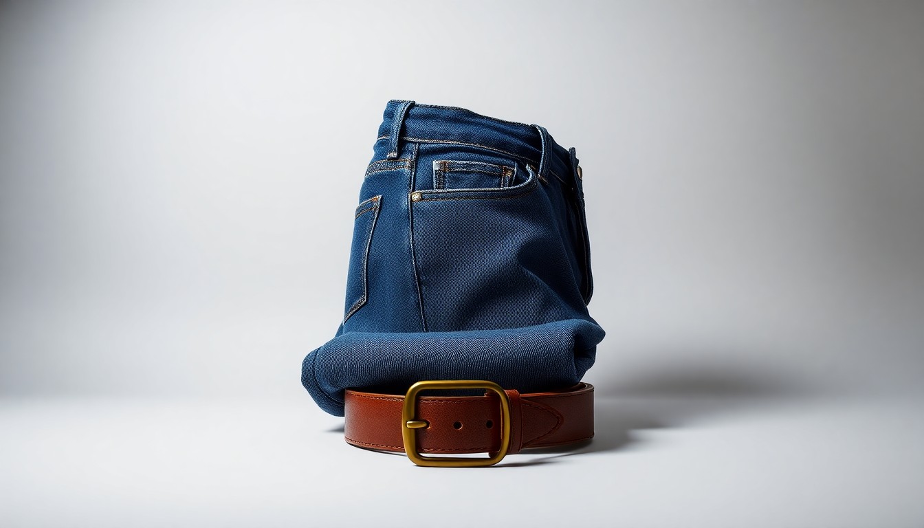 A high-end, photorealistic studio still-life photograph featuring a pair of premium denim jeans, a leather belt, and a brass rivet, arranged elegantly on a clean, monochromatic background to symbolize Kontoor Brands' focus on global expansion and innovation in the denim industry.