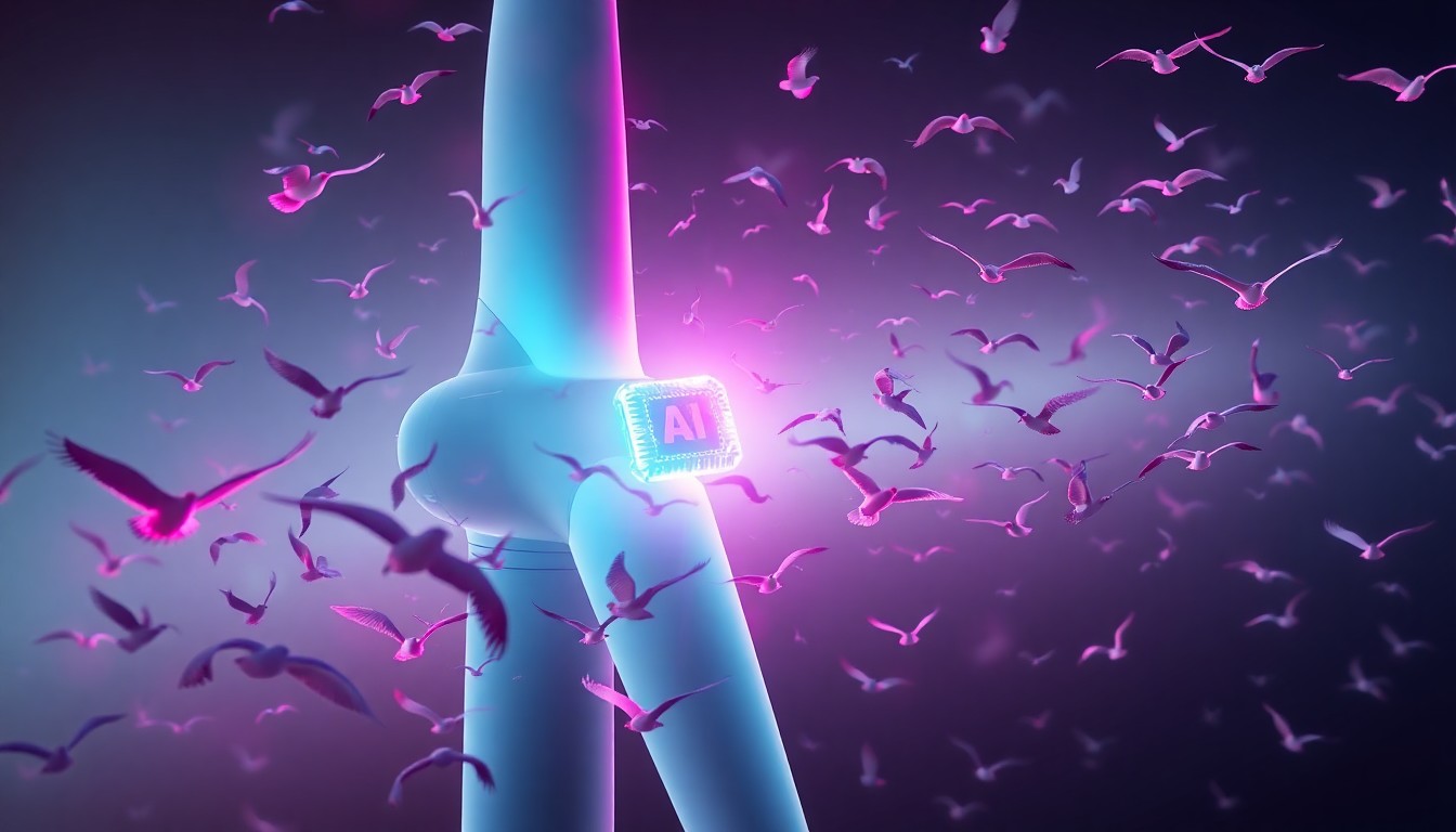 A highly detailed, glowing 3D illustration of a wind turbine blade with a luminous AI-powered sensor array mounted on it, surrounded by a swarm of stylized birds in flight, conceptually representing the advanced technology used to detect and protect birds at wind farms.