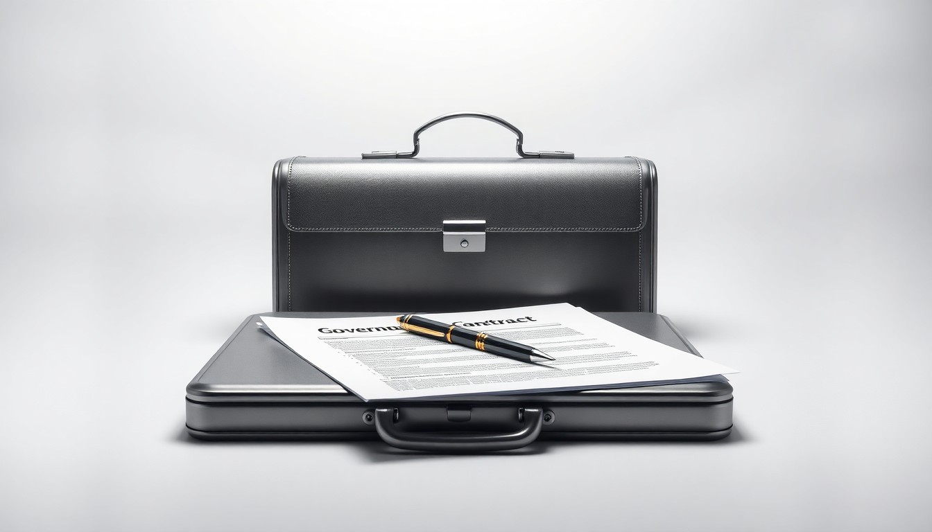 A photorealistic studio still life featuring a metallic briefcase, a stack of government contract documents, and a pen, all arranged elegantly on a clean, monochromatic background and lit with dramatic studio lighting to represent the abstract concepts of corporate strategy, finance, and government contracting.