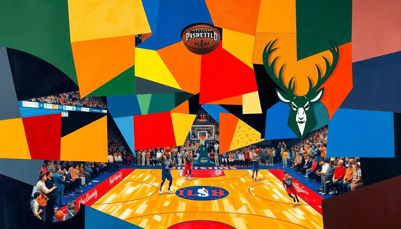 A cubist, geometric painting depicting a basketball game between the Detroit Pistons and Milwaukee Bucks, with the players and court broken down into sharp, overlapping planes of color representing the teams' official colors.